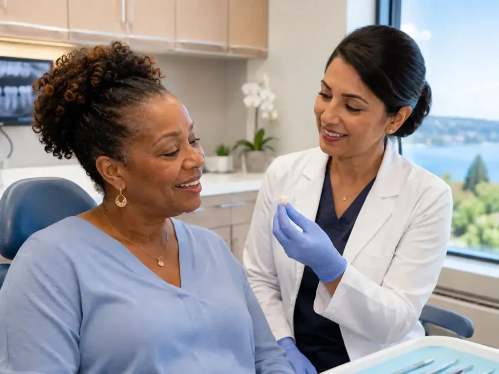 A female dentist wearing blue gloves and a white lab coat is smiling and holding a dental crown in her hand while explaining