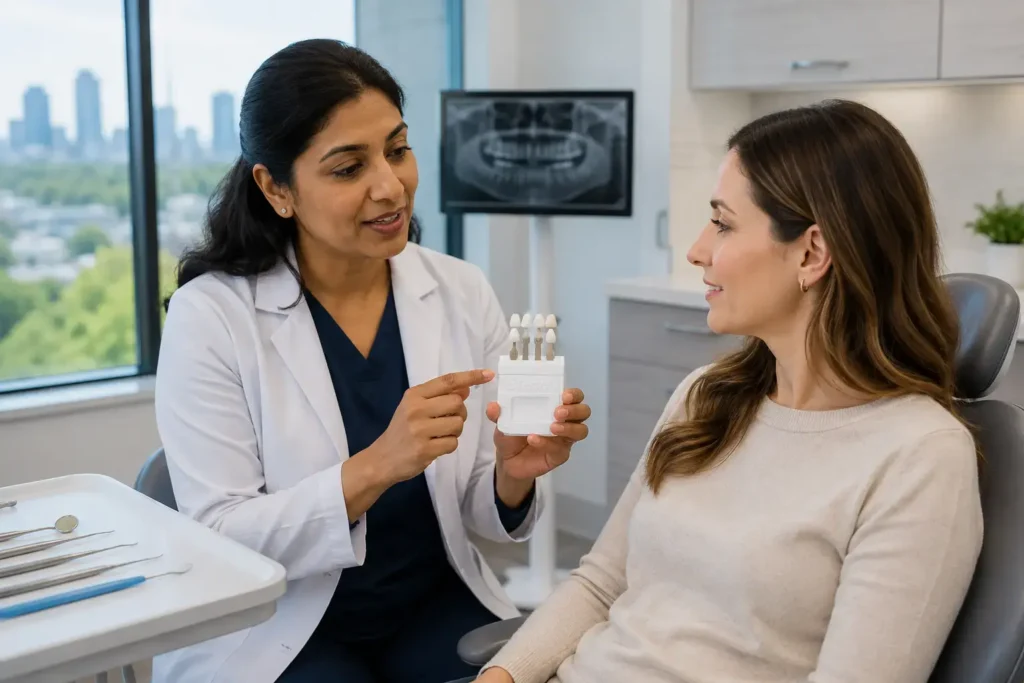 Dentist explaining tooth model to patient in exam room with dental x-ray in background