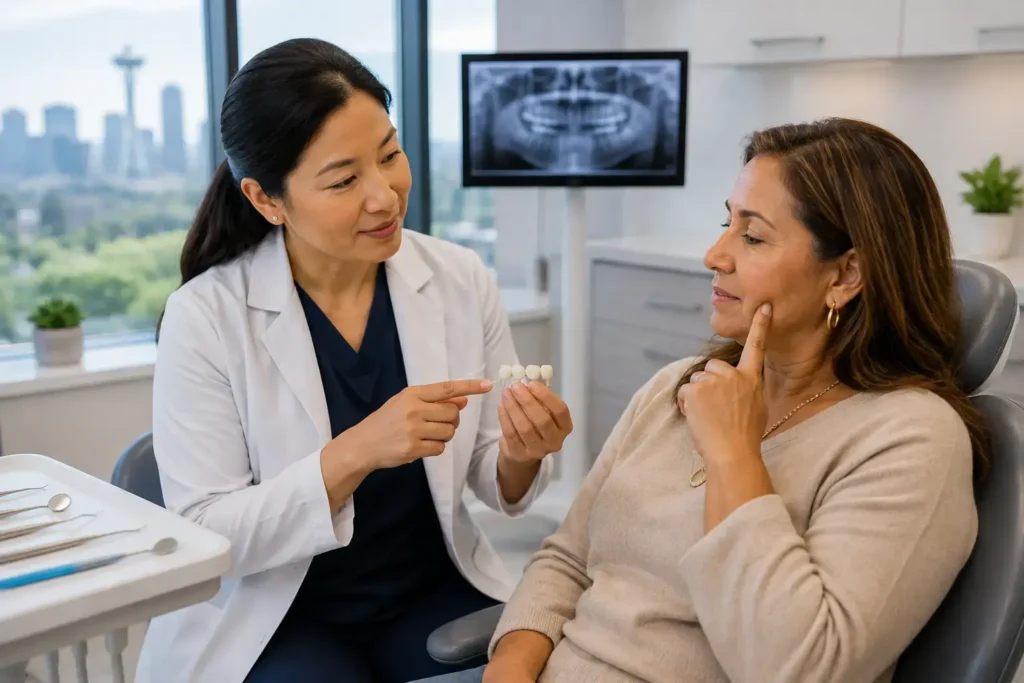 Dentist holding dental crowns and explaining treatment to a woman sitting in a dental chair