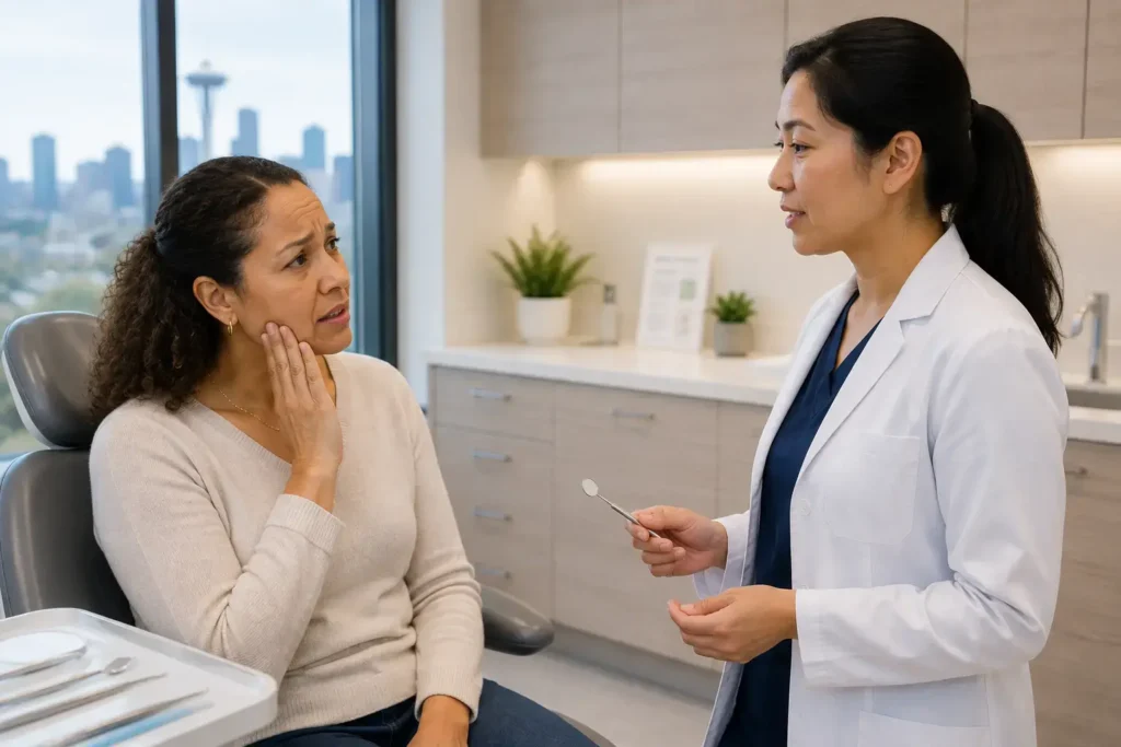 Woman sitting in dental chair holding jaw in pain talking to female dentist in white coat