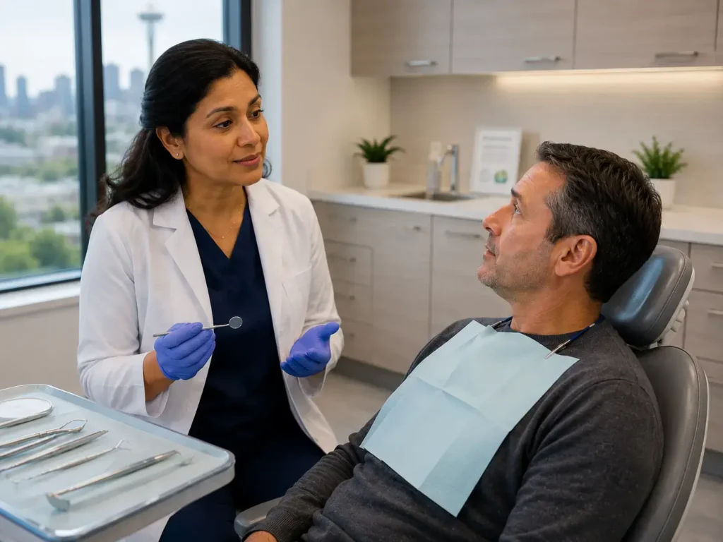 Dentist wearing blue gloves talking to a patient seated in a dental chair in a modern office