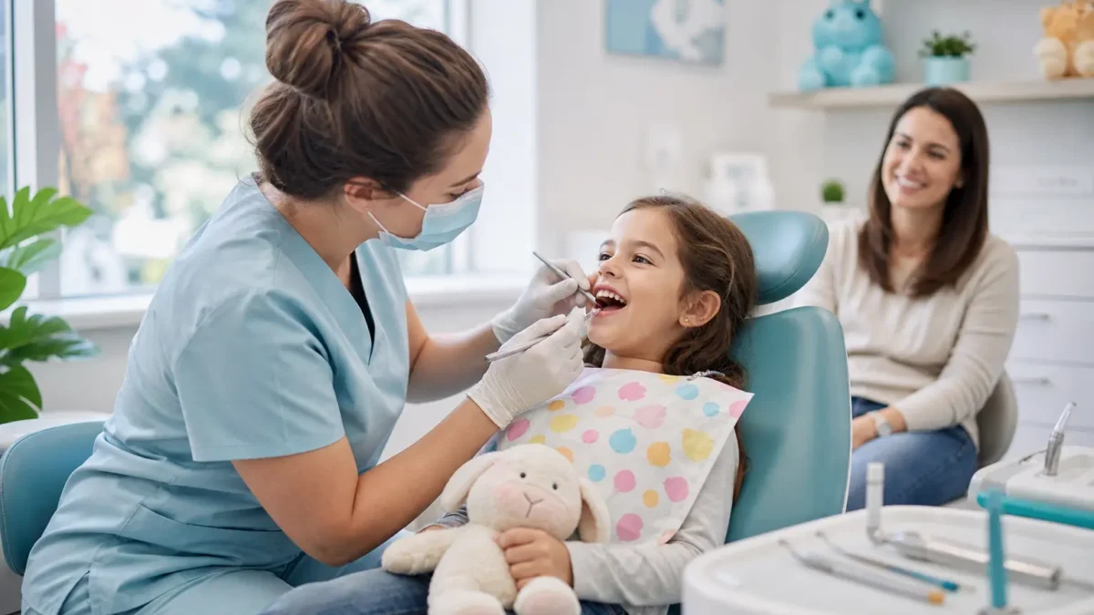 Gentle Pediatric Cleanings in Seattle Kids Actually Enjoy Dentist gently examining a smiling girl's teeth as she holds a stuffed animal with a woman watching in the background