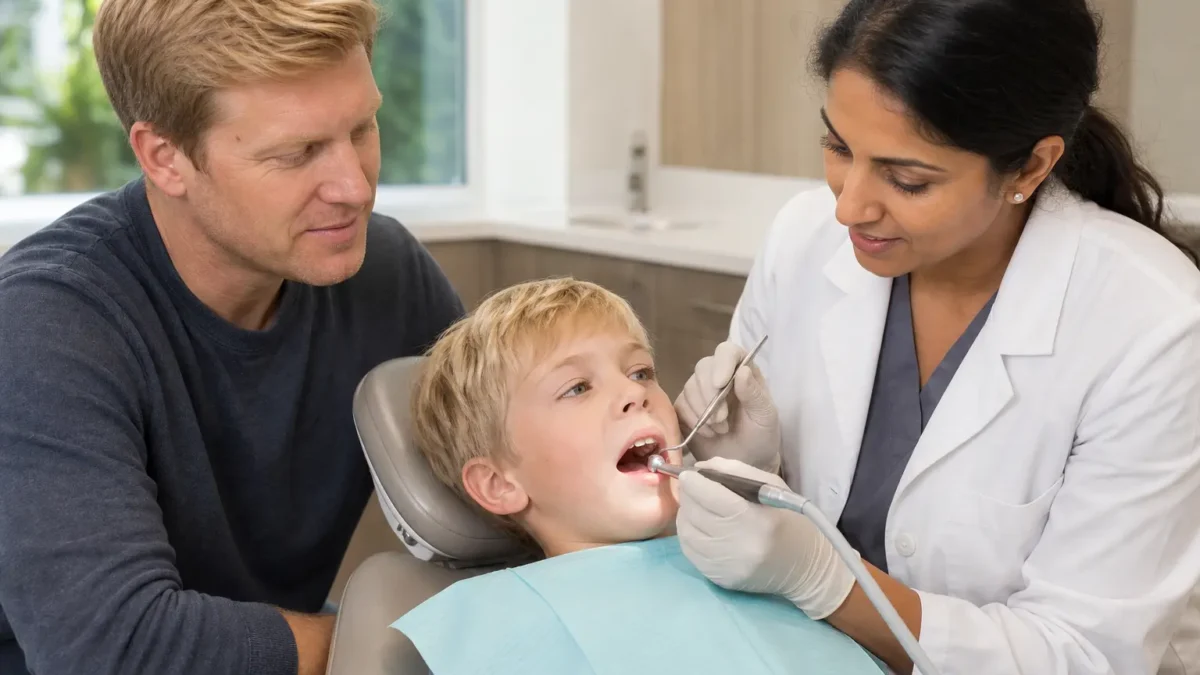 Pediatric Fillings in Seattle That Stop Cavities Fast Dentist examining young boy’s teeth while man watches in dental office