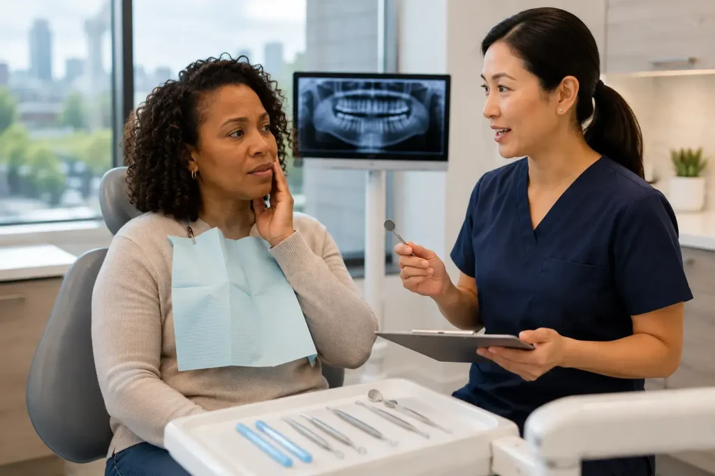 Patient holding cheek in dental chair talking to dentist with dental tools visible