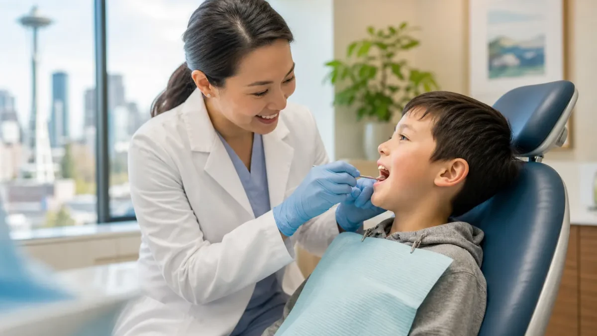 Space Maintainers in Seattle to Protect Your Child's Smile Female dentist smiling examining boy patient sitting in dental chair with city view outside window