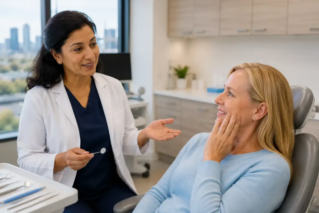Female dentist in white coat talking to smiling female patient holding her cheek in dental chair