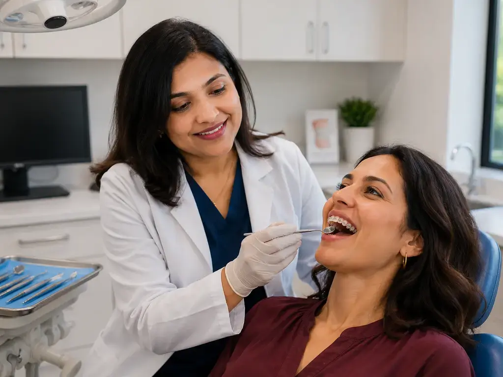 Dentist examining smiling adult female patient with braces in dental office at SkyView Family Dentistry Seattle