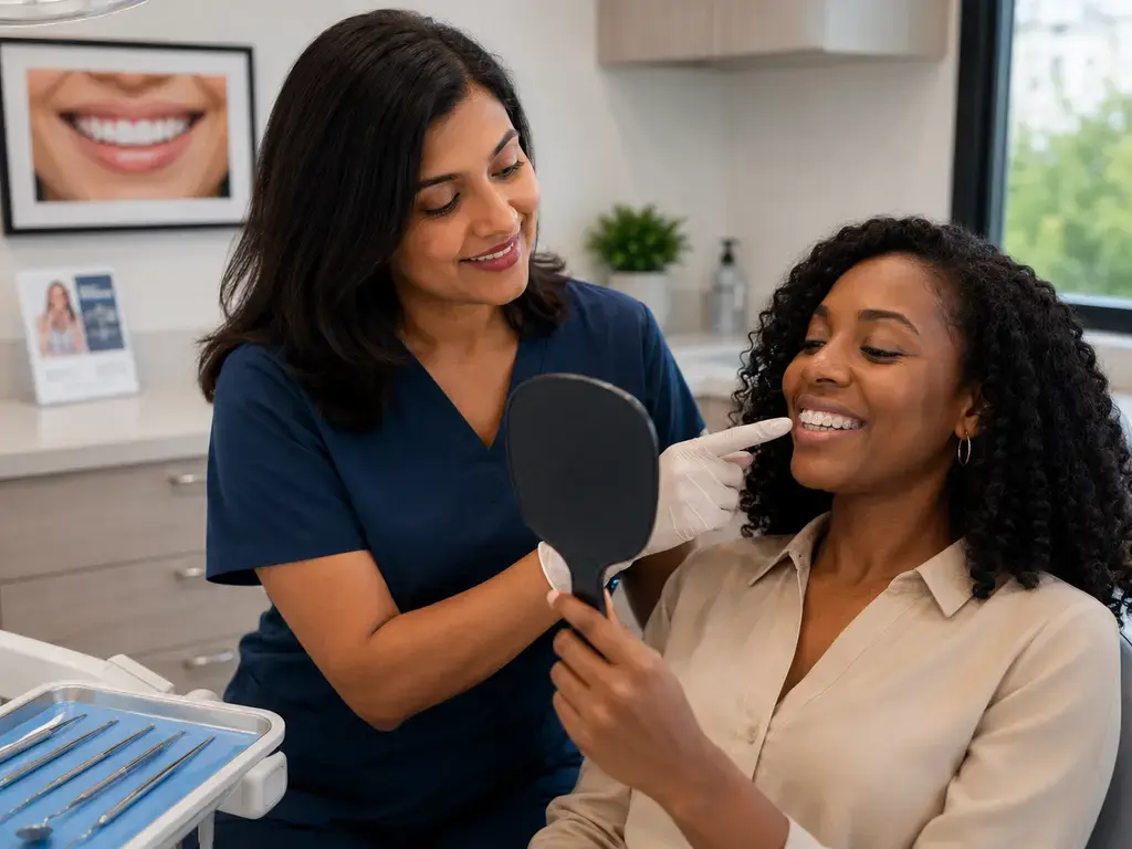 Dentist examining a smiling patient wearing clear braces while she holds a mirror in a dental office
