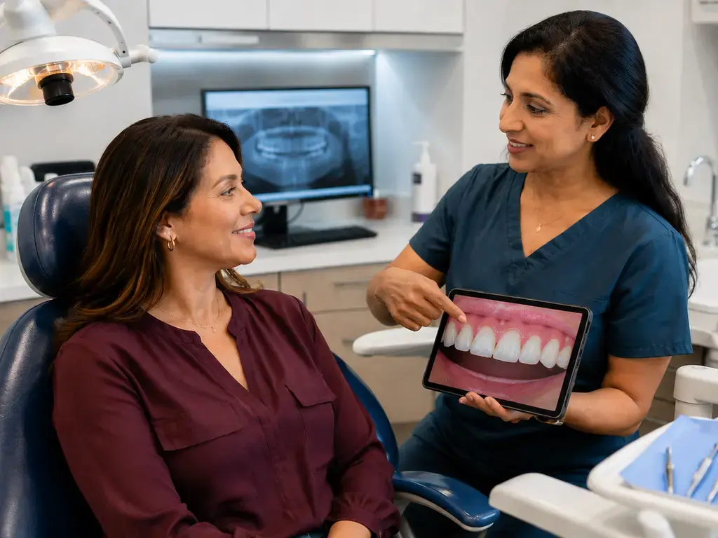 Even Out Your Smile with Gum Contouring in Seattle, WA Dentist explaining gum contouring treatment to female patient in dental office in Seattle