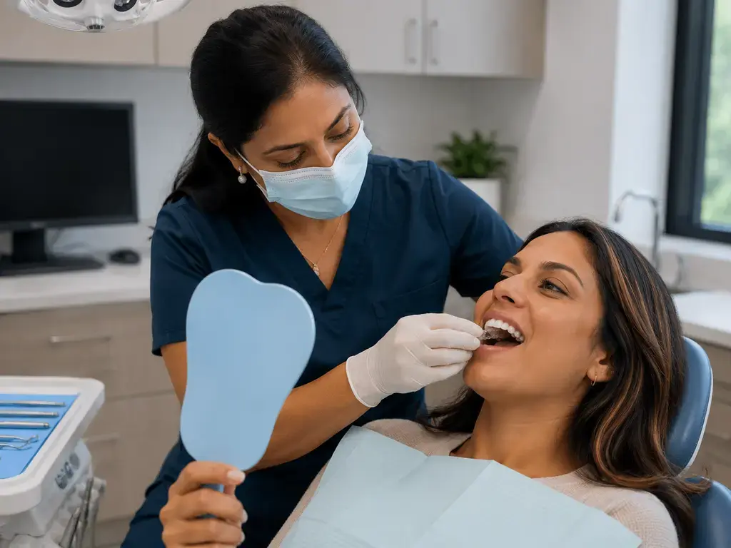Dentist fitting a clear Invisalign aligner on a smiling dental patient in a modern clinic in Seattle