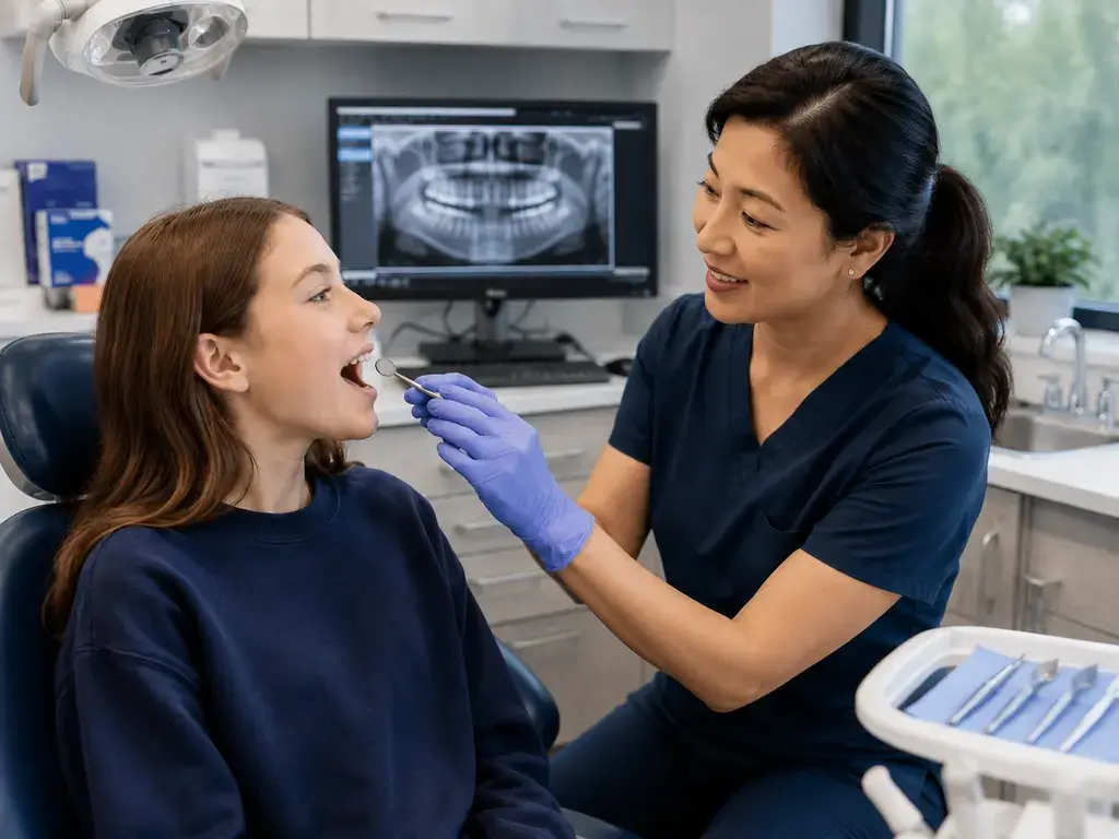 Dental professional examining young girl's teeth during orthodontic screening in modern Seattle dental office