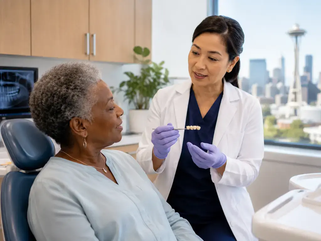 Dentist explaining porcelain dental bridge options to patient at SkyView Family Dentistry in Seattle office
