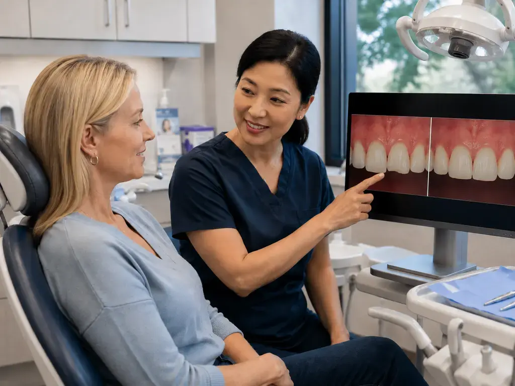 Dentist explaining porcelain crown procedure to patient using tooth images on computer in dental clinic
