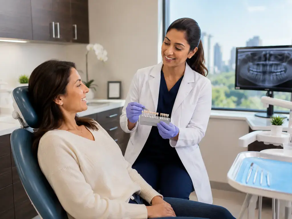Get a Brighter Smile with Porcelain Veneers in Seattle, WA Dentist showing a dental shade guide to a smiling patient in a modern office with city view, discussing porcelain veneers in