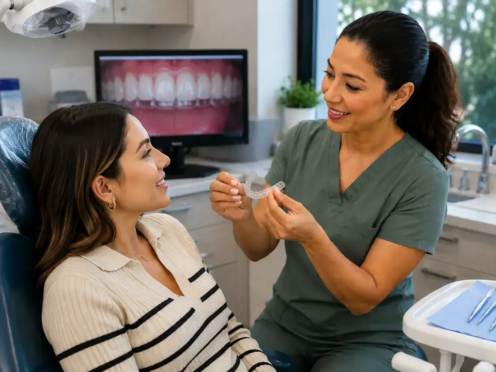 Dental professional explaining clear retainer use to patient in modern dental office in Seattle