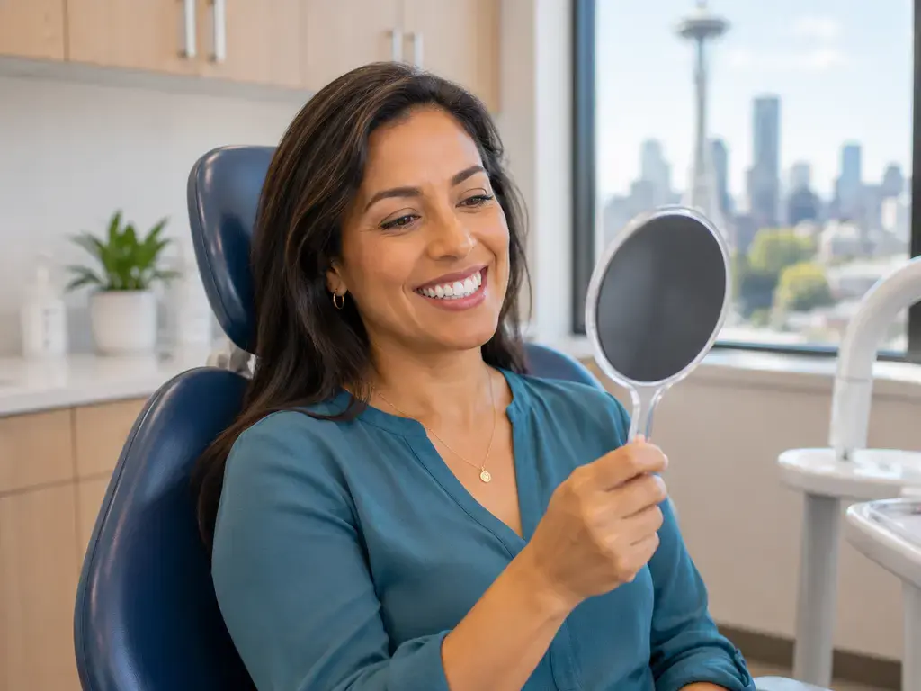 Get a Fresh Look With a Smile Makeover in Seattle, WA Smiling woman in dental chair admiring her bright smile in handheld mirror at Seattle dental office with city skyline view